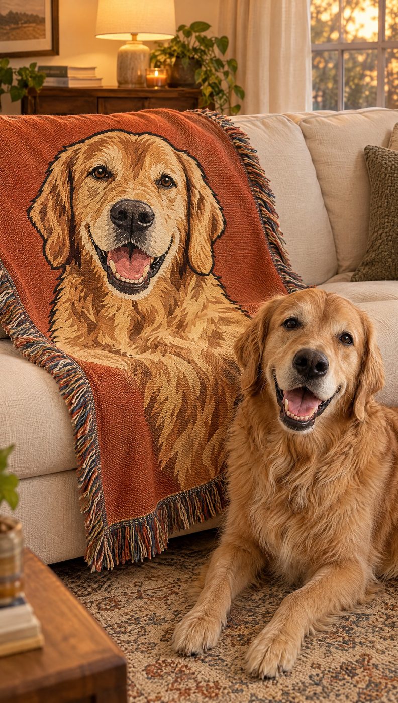 Woven pet portrait blanket on a sofa